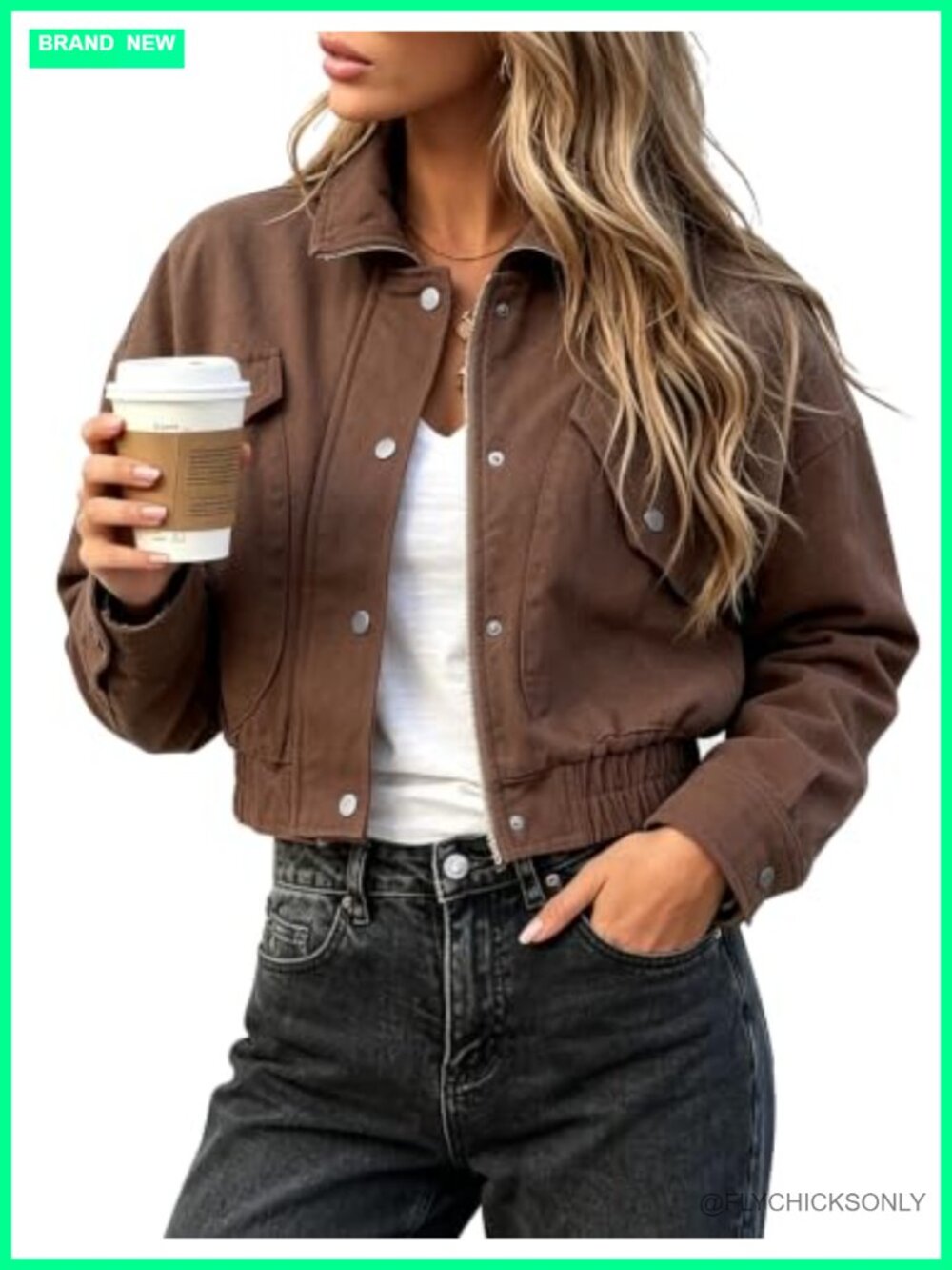 FOMELY Women's Cropped Bomber Jacket Cotton Blend Twill Button Front Pockets